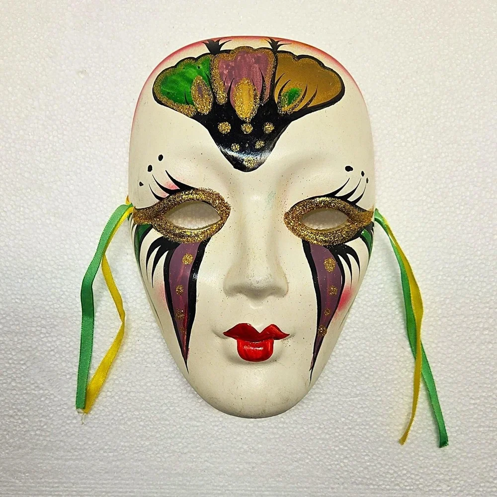 Vintage Hand-Painted Venetian Style Ceramic Wall Masks–Set of 3–Glitter‎ Accents